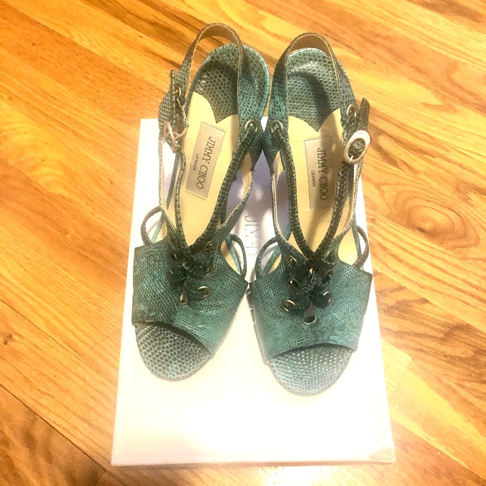 Jimmy Choo Lizard Turquoise Lace Up Sandals